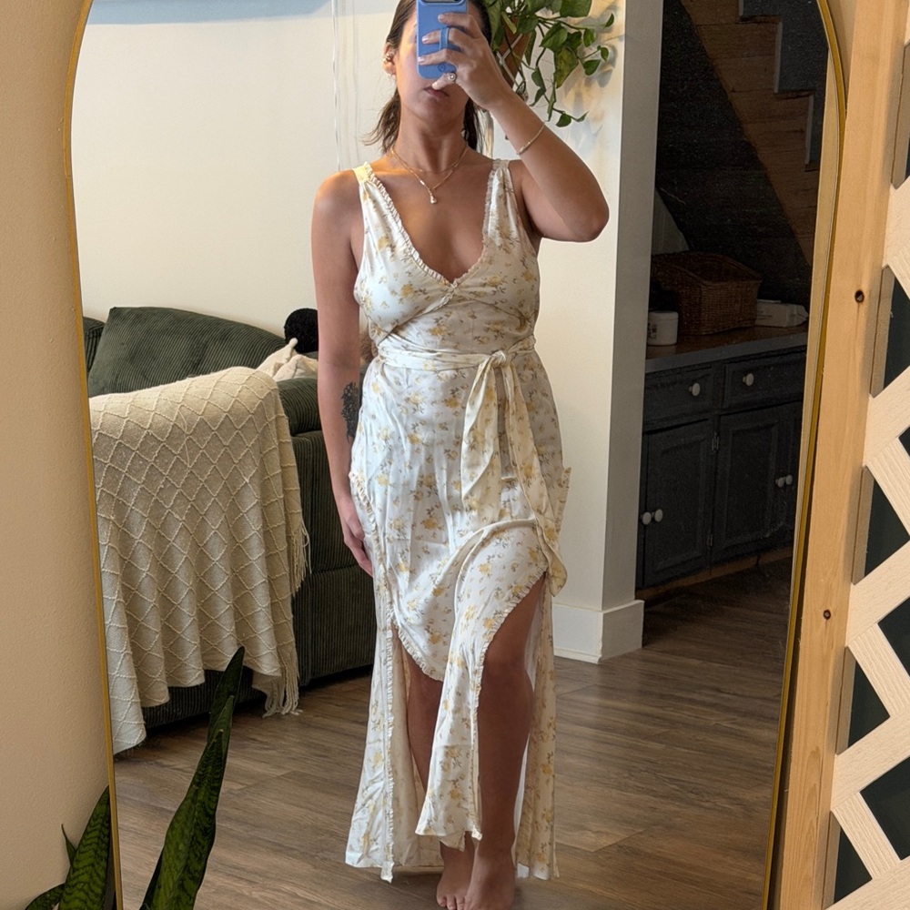 LoveShackFancy Cream Medium Silk Kendall Dress Golden Hour Yellow Floral